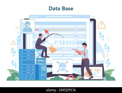 Service ou plate-forme en ligne de l'agent FBI. Agent de police ou inspecteur enquêtant sur le crime. Protection contre la cyberattaque et le terrorisme. Base de données en ligne. Est Illustration de Vecteur