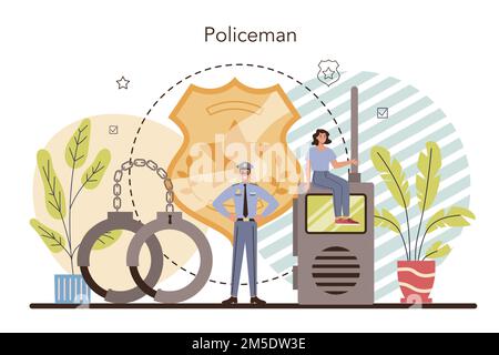 Agent de police. Interrogatoire par un détective. Un policier patrouille la ville pour gérer la circulation. 911 services de police communautaire. Vecteur plat isolé i Illustration de Vecteur