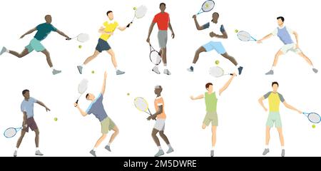 Les athlètes de tennis se déplacent sur fond blanc. Grand tennis. Illustration de Vecteur