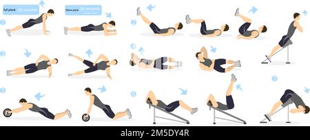 Entraînement ABS pour hommes. Homme en tenue de sport faisant des exercices d'abs dans la salle de gym. Toutes sortes de formation abdominale. Illustration de Vecteur