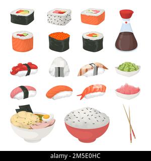 Sushi sur fond blanc. Petits pains et sushis, sashimi et soupe. Sauce soja. Illustration de Vecteur