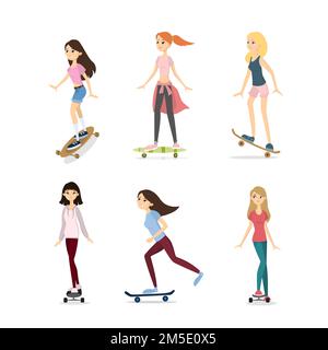 Ensemble de skateboard pour fille. Illustration de filles avec planche à roulettes et planche à repasser. Illustration de Vecteur