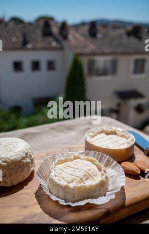 Fromages français Rocamadour et Saint-Marcellin servis sur une planche en bois d'olivier avec des amandes sur des lampes solaires Banque D'Images