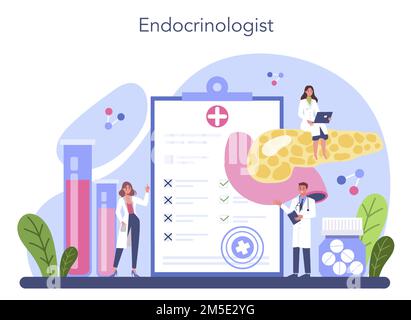 Concept endocrinologue. Examen de la glande thyroïde. Médecin examiner l'hormone et le glucose. Idée de santé et de traitement médical. Vecteur plat isolé Ill Illustration de Vecteur