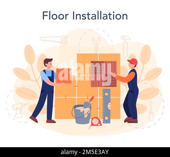 Installateur de revêtement de sol. Parquet professionnel, parquet ou carrelage. Concept de réparation et de rénovation. Illustration vectorielle plate isolée Illustration de Vecteur