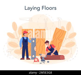 Installateur de revêtement de sol. Parquet professionnel, parquet ou carrelage. Concept de réparation et de rénovation. Illustration vectorielle plate isolée Illustration de Vecteur