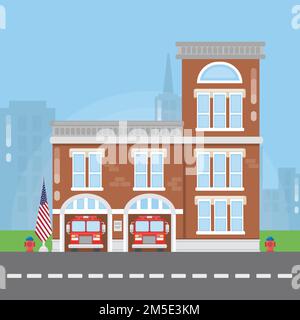 Bâtiment du service des incendies. Caserne de pompiers avec camions d'incendie. Illustration de Vecteur