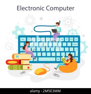 CONCEPT D'éducation INFORMATIQUE. L'étudiant écrit un logiciel et crée du code pour l'ordinateur. Script d'encodage pour le projet et l'application. Technologie numérique pour site Internet, interfac Illustration de Vecteur