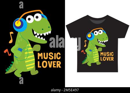 Dinosaure drôle avec casque musique d'écoute dessin main dessin dessin animé pour enfants t shirt design Illustration de Vecteur