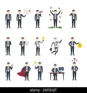 Ensemble homme d'affaires isolé. Drôle beau homme d'affaires en costume dans différentes poses sur fond blanc. Illustration de Vecteur