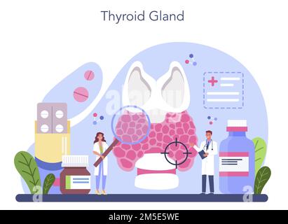 Concept endocrinologue. Examen de la glande thyroïde. Médecin examiner l'hormone et le glucose. Idée de santé et de traitement médical. Vecteur plat isolé Ill Illustration de Vecteur