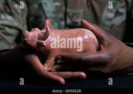 Classe Airman 1st Patrick Ikua, technicien de maintenance de l'équipement automobile au 910th e Escadron de préparation logistique, détient une figurine de buffle africaine qu'il a faite comme enfant, 6 mars 2022, à la station de la réserve aérienne de Youngstown, Ohio. Le buffle est un rappel à Ikua d'être fort et de ne jamais oublier ce que l'on peut accomplir indépendamment de l'âge. (É.-U. Photo de la Force aérienne/Tech. Sgt Juliet Louden) Banque D'Images