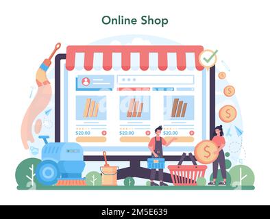 Service ou plate-forme en ligne d'installateur de revêtement de sol. Parquet professionnel, parquet ou carrelage. Concept de réparation et de rénovation. Boutique en ligne. FLA Illustration de Vecteur