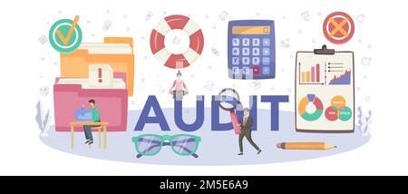 En-tête typographique du concept d'audit. Recherche et analyse en exploitation d'entreprise. Gestion financière professionnelle. Inspection et analyse financières. ISO Illustration de Vecteur