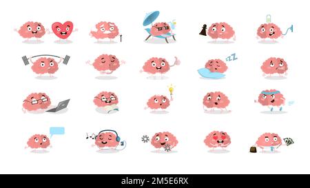 Ensemble cerveau de dessin animé. Toutes les émotions et situations comme l'exercice et la lecture, dans l'amour et en colère. Illustration de Vecteur