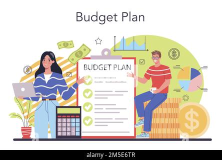 Concept de budgétisation. L'idée de la planification financière et du bien-être. Solde monétaire et revenu. Allocation d'argent. Vecteur d'illustration plat isolé Illustration de Vecteur