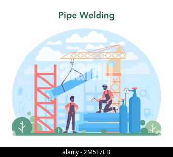 Concept de soudeur et de service de soudage. Soudeur professionnel avec masque et gants de protection. Homme en tube métallique de soudage uniforme et construction en acier Illustration de Vecteur