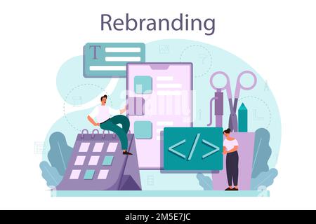 Concept de rebranding. La reconstruction de la stratégie marketing et la conception d'une entreprise ou d'un produit. Le développement de la reconnaissance de la marque dans le cadre du plan d'affaires. Isolat Illustration de Vecteur