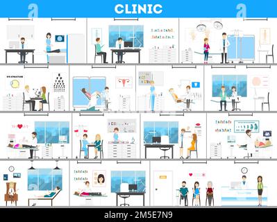 Ensemble intérieur d'hôpital. Tous les types de traitement comme prénatal, chirurgie, laboratoire et plus. Illustration de Vecteur