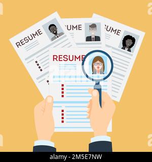 femme reprendre avec loupe à la table. CV concept de CV. Trouver un travailleur. Postulez à un travail. Opportunité commerciale. Profil CV. Illustration de Vecteur