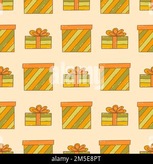 Motif sans couture avec jolies boîtes cadeaux de fête. Joyeux Noël et Bonne Année. Joyeux anniversaire. Motif vectoriel coloré Doodle dessiné à la main. Hol Illustration de Vecteur