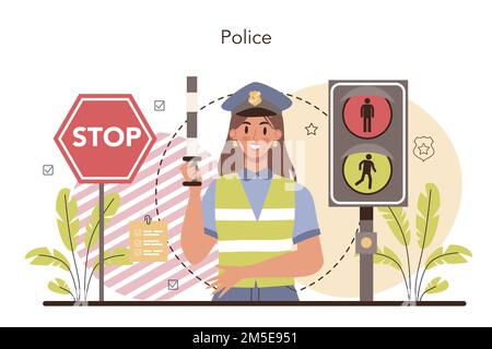 Agent de police. Interrogatoire par un détective. Un policier patrouille la ville pour gérer la circulation. 911 services de police communautaire. Vecteur plat isolé i Illustration de Vecteur