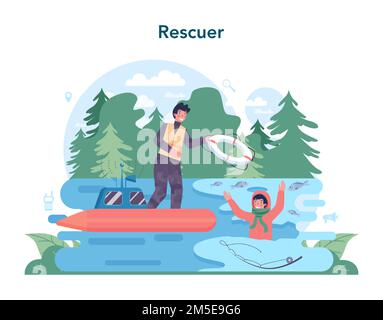 Secours d'urgence. Secouriste ambulancier en uniforme aidant les premiers soins à la personne blessée. Recherche de personnes. Illustrateur de vecteur plat isolé Illustration de Vecteur