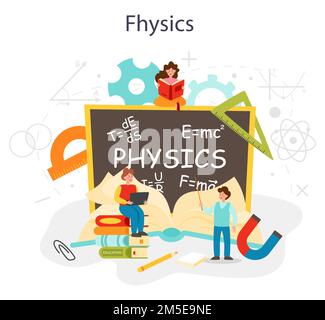 Concept de sujet d'école de physique. Les scientifiques explorent l'électricité, le magnétisme, l'onde lumineuse et les forces. Étude théorique et pratique. Leçon de physique et e Illustration de Vecteur