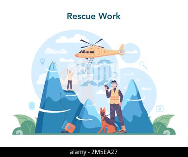 Secours d'urgence. Secouriste ambulancier en uniforme aidant les premiers soins à la personne blessée. Recherche de personnes. Illustrateur de vecteur plat isolé Illustration de Vecteur