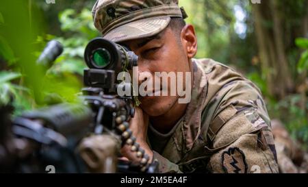 SPC Kyle Errity, Alpha Company, 29th Brigade Engineer Battalion, 3rd Brigade combat Team, 25th Infantry Division, prend pour but tout en simulant des forces opposées pendant l'entraînement de patrouille dans la jungle, le 7th mars 2022, fort Thanarat, Thaïlande. L'entraînement dans la jungle est un domaine clé de Hanuman Guardian 22 (Hg22). Hg22 fait partie de la série Pacific Pathways, conçue pour accroître la préparation, renforcer les relations et développer l'interopérabilité entre les membres du service des États-Unis Armée et armée royale thaïlandaise. Banque D'Images