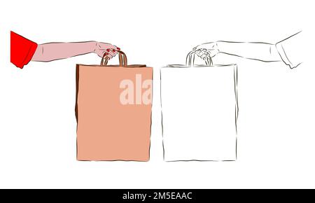 La main tient un sac en papier marron, ainsi qu'en noir et blanc. Le concept de shopping et de réductions. Illustration de Vecteur