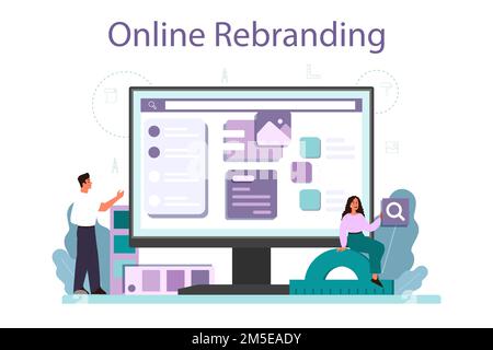 Rebranding du service ou de la plate-forme en ligne. Rebâtir la stratégie marketing. Développement de la reconnaissance de la marque. Changement de marque en ligne. Illustrat vectoriel plat isolé Illustration de Vecteur