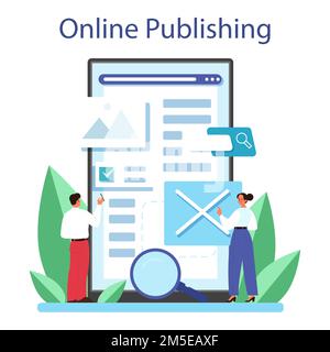 Service ou plate-forme en ligne de l'éditeur de magazine. Journaliste et designer travaillant sur l'article de magazine et la photo. Publication en ligne. Vecteur plat isolé Ill Illustration de Vecteur