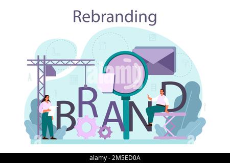 Concept de rebranding. La reconstruction de la stratégie marketing et la conception d'une entreprise ou d'un produit. Le développement de la reconnaissance de la marque dans le cadre du plan d'affaires. Isolat Illustration de Vecteur