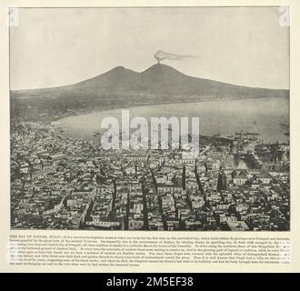 Illustration ancienne d'après une photo de la baie de Naples, le Vésuve en arrière-plan 1890s, 19th siècle Banque D'Images