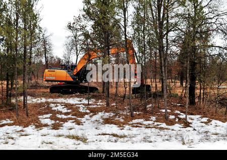 Les travailleurs complètent le programme de réhabilitation et d'entretien des terres (RAM) 7 mars 2022, dans la zone d'instruction B-05, à South Post, à fort McCoy, Wisconsin. Les travaux ont été achevés en collaboration avec le Bureau forestier de fort McCoy pour les aider à fournir une aire de plantation d'arbres et à améliorer la zone de formation. Les équipes de LRAM utilisent des tondeuses forestières extra-robustes pour déchiqueter la végétation. L'équipe LRAM de fort McCoy effectue également l'entretien des pistes et de la zone d'entraînement, reconfigure les sites pour augmenter le potentiel d'entraînement et répare les dommages de manœuvre, y compris l'ensemencement d'herbe indigène et les projets de contrôle de l'érosion pour rencontrer l'Armée de terre Banque D'Images