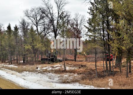 Les travailleurs complètent le programme de réhabilitation et d'entretien des terres (RAM) 7 mars 2022, dans la zone d'instruction B-05, à South Post, à fort McCoy, Wisconsin. Les travaux ont été achevés en collaboration avec le Bureau forestier de fort McCoy pour les aider à fournir une aire de plantation d'arbres et à améliorer la zone de formation. Les équipes de LRAM utilisent des tondeuses forestières extra-robustes pour déchiqueter la végétation. L'équipe LRAM de fort McCoy effectue également l'entretien des pistes et de la zone d'entraînement, reconfigure les sites pour augmenter le potentiel d'entraînement et répare les dommages de manœuvre, y compris l'ensemencement d'herbe indigène et les projets de contrôle de l'érosion pour rencontrer l'Armée de terre Banque D'Images