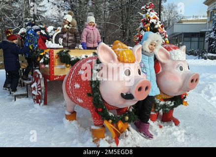 Kiev, Ukraine 27 janvier 2019: Les enfants en hiver jouent sur une charrette de porc Banque D'Images