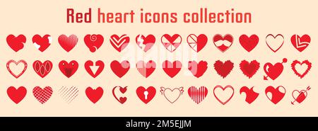 Collection Red Heart Icons. Différents styles de jeu de coeur. Symbole coeur rouge pour la Saint-Valentin. Illustration de Vecteur