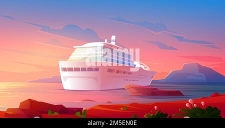 Bateau de croisière dans l'océan au coucher du soleil. Vacances d'été de luxe sur le paquebot de croisière. Illustration vectorielle du paysage tropical avec navire à passagers dans le port et ciel rose nocturne Illustration de Vecteur