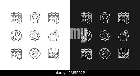 Pixels de date et d'heure icônes linéaires parfaites définies pour le mode sombre et clair Illustration de Vecteur