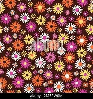 Motif vectoriel sans couture de couleur rétro à motif floral, sur fond marron. Illustration vectorielle Illustration de Vecteur