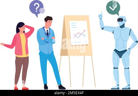 Robot vs employés humains dans l'analyse d'entreprise. Avantages de l'IA isolés sur fond blanc Illustration de Vecteur