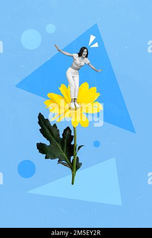 Illustration verticale de collage de petite fille gamma noir blanc debout équilibre grande fleur jaune isolée sur fond bleu créatif Banque D'Images