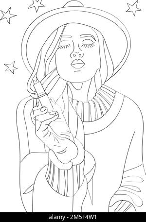 Illustration vectorielle : la femme en chapeau tient dans les mains rouge à lèvres. Page de coloriage antistress Illustration de Vecteur