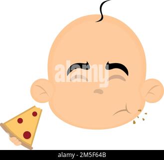 illustration vectorielle du visage d'un dessin animé de bébé mangeant une tranche de pizza Illustration de Vecteur