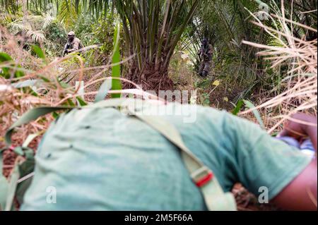 Les soldats béninois du Bataillon de parachutistes du Commando 1st avancent sur une victime des forces opposées (OPFOR) lors d'une simulation d'embuscade à Ouassa, en Afrique, au 11 mars 2022. L’engagement international est nécessaire pour lutter contre l’extrémisme violent, et nos engagements militaires ne sont qu’un moyen pour nous de soutenir les partenaires africains dans le cadre d’une communauté internationale. Banque D'Images