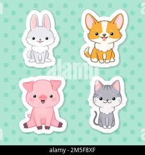 Lot de stickers jolis personnages d'animaux de bande dessinée Illustration de Vecteur