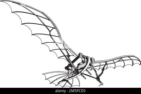 Machine volante Leonardo da Vinci Antique Hang Glider Vector. Illustration sur fond blanc. Illustration vectorielle d'Un planeur. Illustration de Vecteur