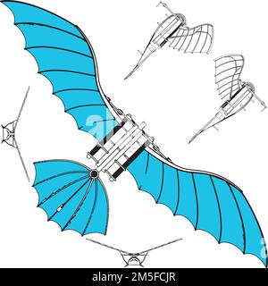 Machine volante Leonardo da Vinci Antique Hang Glider Vector. Illustration sur fond blanc. Illustration vectorielle d'Un planeur. Illustration de Vecteur